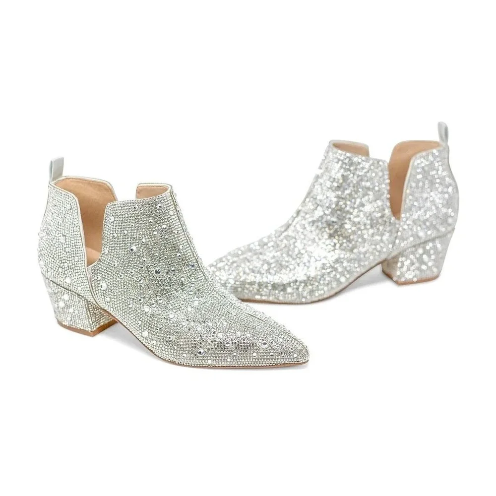 NEW Kate Whitcomb Brit Sparkly Rhinestone Boot Bootie Block High Heel Shoe Pearl